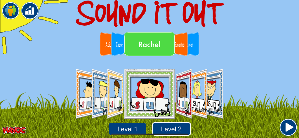 Sound It Out - Main menu of the Sound It Out phonics app showing student profiles and educational game levels