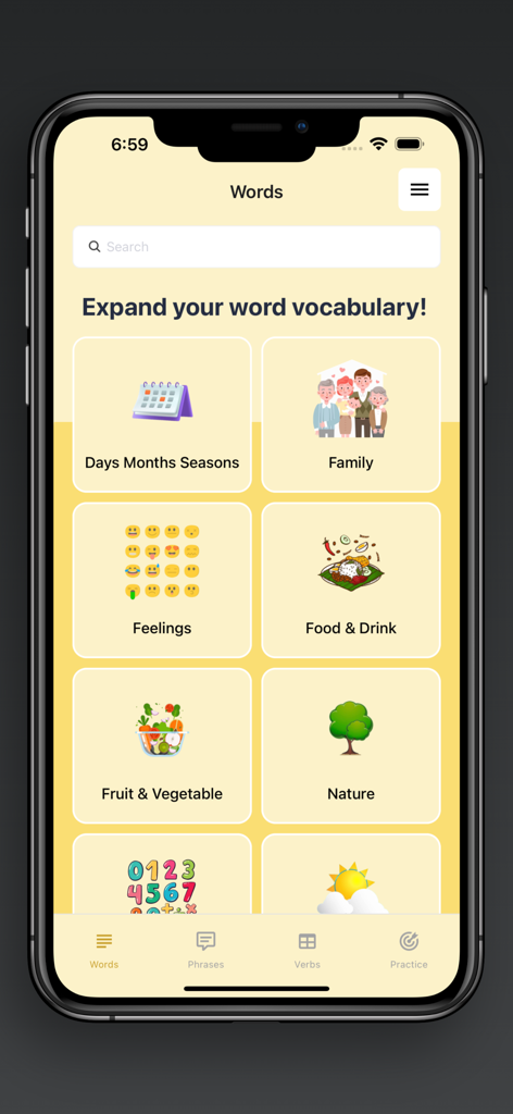 Interface of Learn Neapolitan app showing different vocabulary categories for learning words like family, feelings, and food.