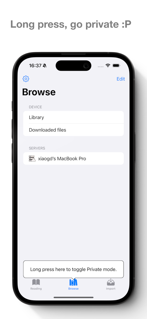 KedaReader mobile app interface showing library and server browse options with a private mode prompt