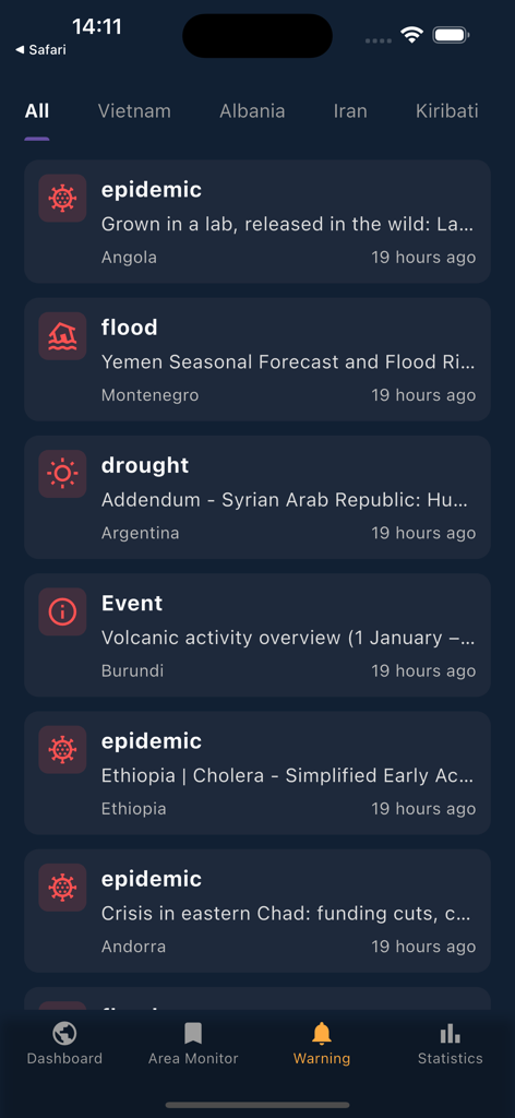 Global Risk - Mobile interface of the Global Risk app displaying a list of real-time warning alerts for various global disasters and epidemics