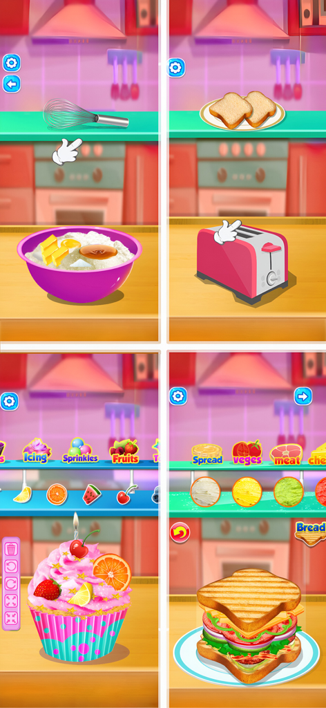 My LunchBox - Cooking Game - Four gameplay screens showing mixing ingredients, toasting bread, decorating a cupcake, and making a sandwich