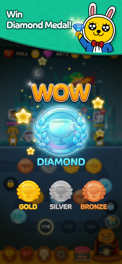 귀여운 토끼 캐릭터와 함께 다이아몬드, 금, 은, 동메달 보상을 보여주는 프렌즈팝콘 게임 스크린샷.