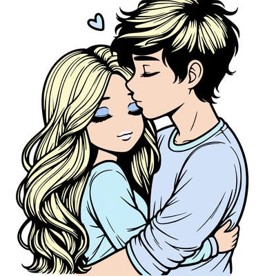 a realistic couple boy and girl hugging and kissing
