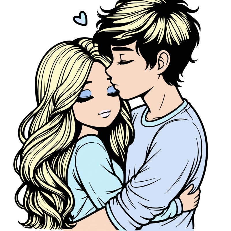 a realistic couple boy and girl hugging and kissing