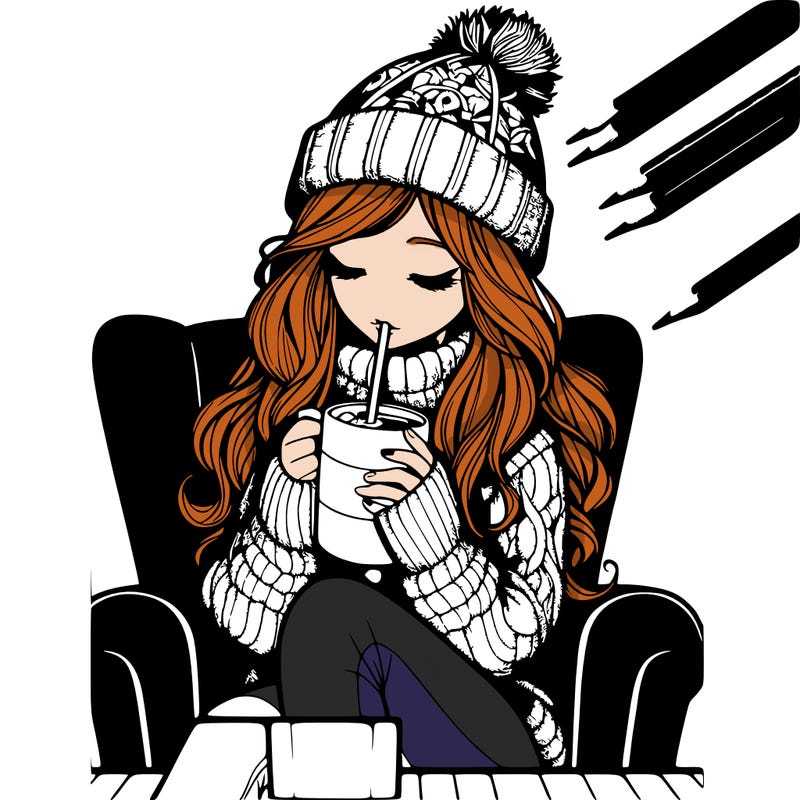 realistic girl drinking hot cocoa sitting in a chair wearing a cozy sweater and hat