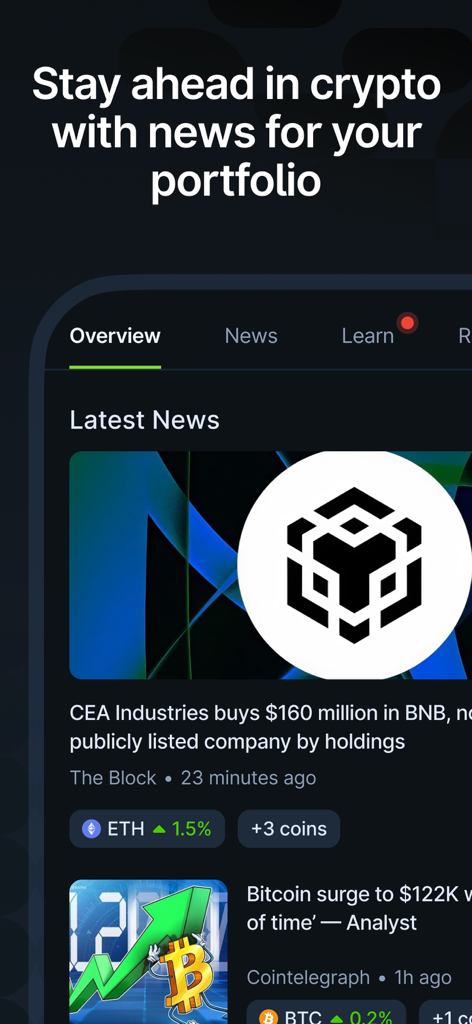 Interface de l'application CoinGecko montrant les derniers titres d'actualités sur les cryptomonnaies et les mises à jour de portefeuille.