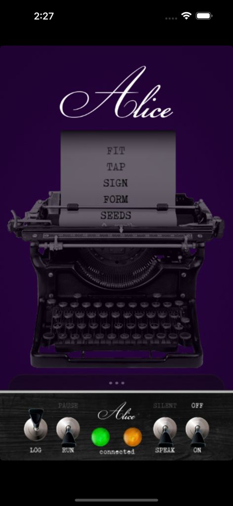 Alice Box - Alice Box paranormal investigation app showing a vintage typewriter interface with spirit communication words