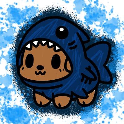 cute dog wearing a shark costume