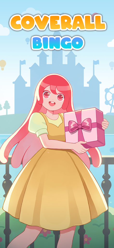 Coverall Bingo splash screen with a pink haired girl holding a large gift box in front of a castle