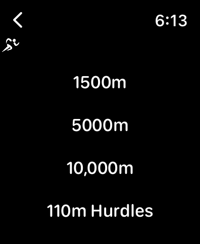 Apple Watch-Bildschirm mit einer Liste von Leichtathletikveranstaltungen wie 1500 m und 110 m Hürden.