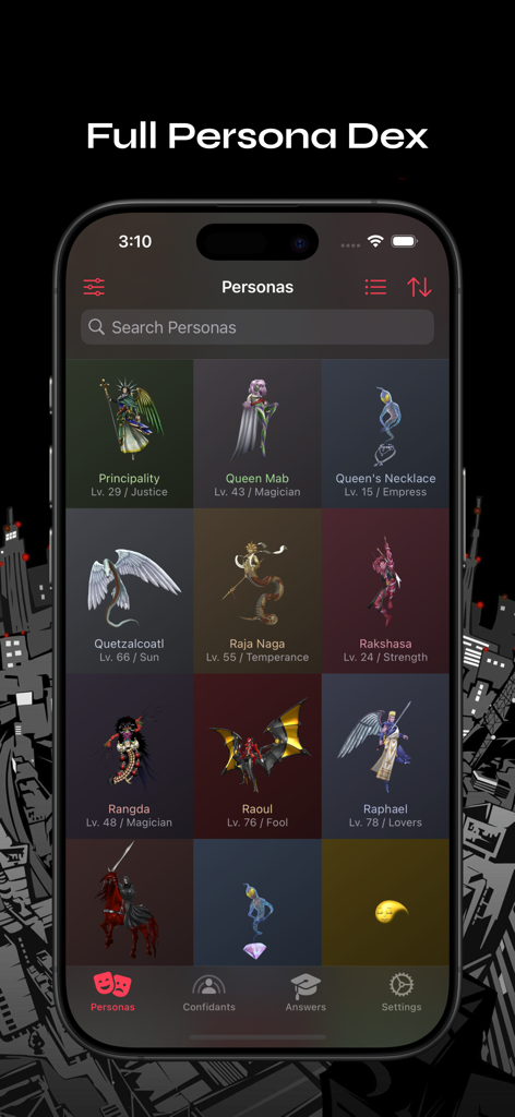 P5R Guide - Persona 5 Royal Guide app showing the full Persona Dex screen with a grid of characters and their levels