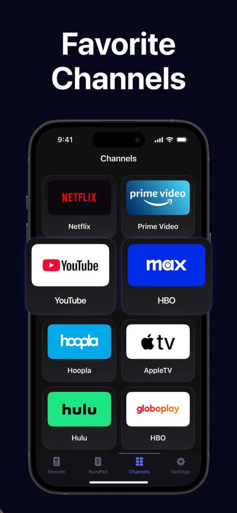 Remote Control TV: Universal - Pantalla del iPhone que muestra canales de streaming favoritos como Netflix y YouTube en una aplicación de control remoto universal para TV.