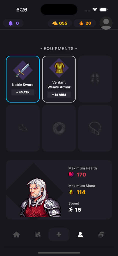 Levelite character equipment and stats screen showing RPG gear and pixel art avatar