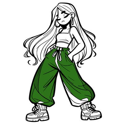 girl in baggy pants crop top and long hair