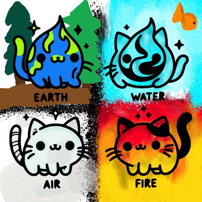 4 cats that represent the different elements, earth, water, air, and fire