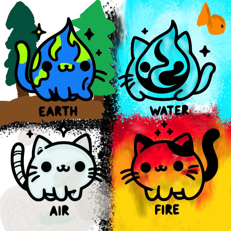 4 cats that represent the different elements, earth, water, air, and fire