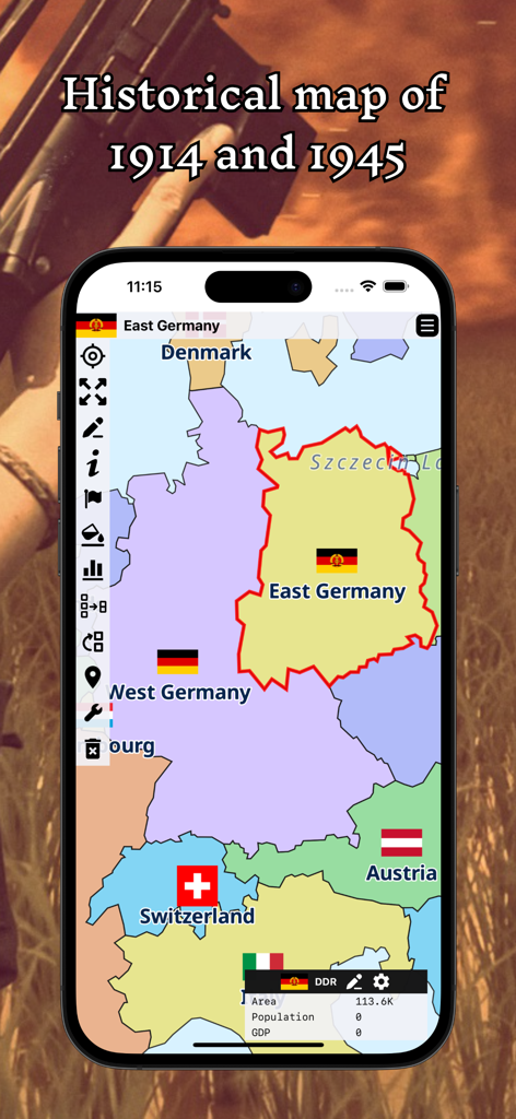A+ World Map Editor Sandbox - Mobile interface of a map editor showing historical borders of Germany
