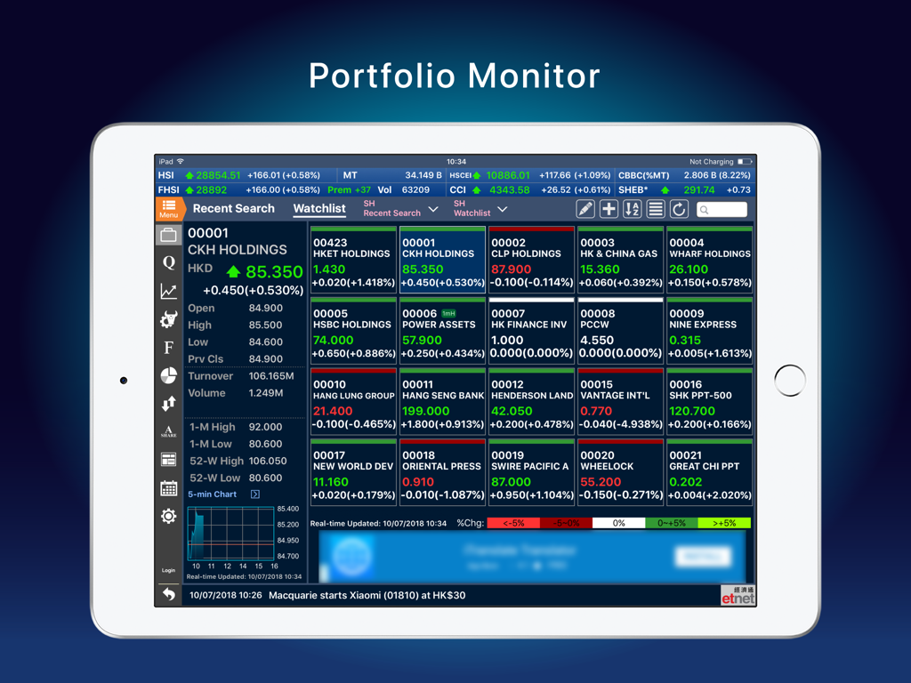 經濟通 股票強化版TQ (平板) - etnet - A tablet screen displaying the Portfolio Monitor interface of the ET Net Stock TQ app with real-time stock data and watchlists.