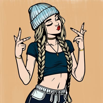 realistic teenage girl with braids and a beanie and crop top doing 🫶🏼