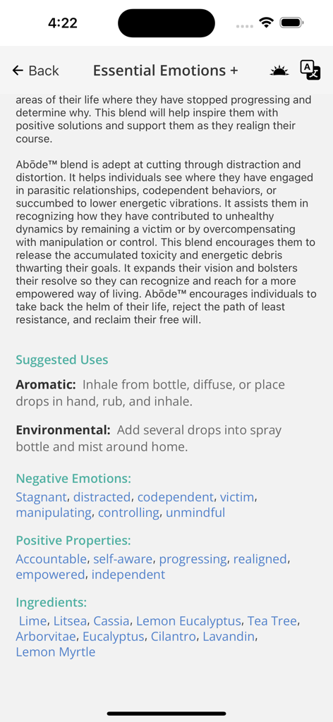 Detail page for Abode blend in the Essential Emotions plus app showing suggested uses and emotional properties.