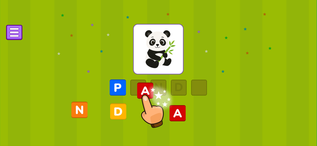 Spelling - Vocabulary A to Z - Juego de ortografía educativo para niños que muestra una ilustración de un panda y bloques de letras para arrastrar y soltar para deletrear la palabra panda.