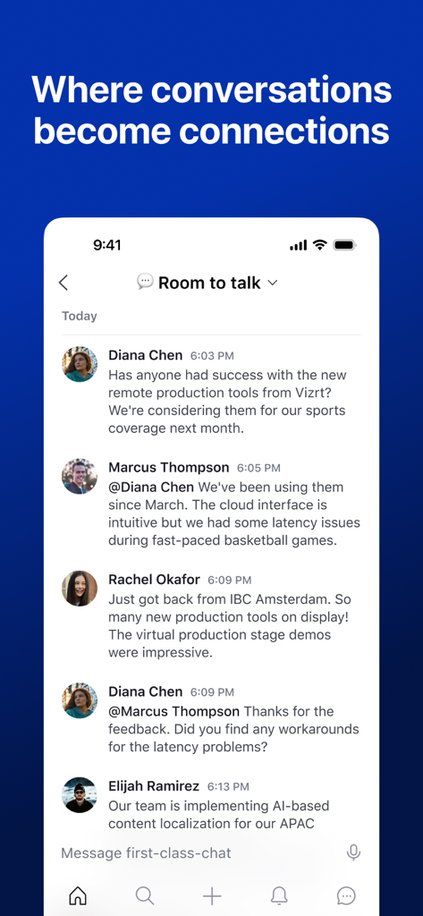 OTTRED - Una captura de pantalla de la interfaz de chat de la aplicación OTTRED donde los profesionales de medios discuten herramientas de producción remota y eventos de la industria como IBC Ámsterdam.