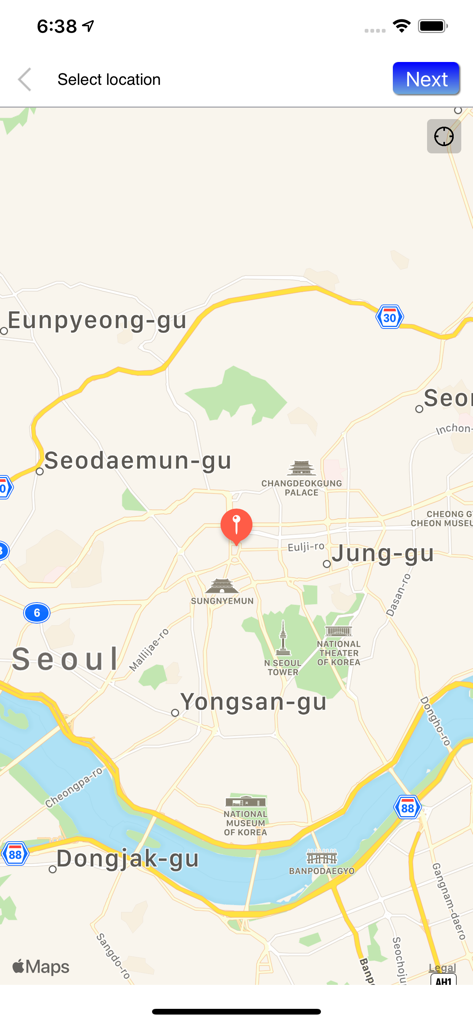 요기날씨 - A map of Seoul within the Yogi Weather app used for selecting a specific location for weather updates