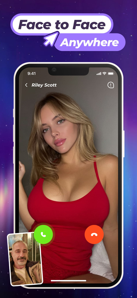 Smartphone screen showing a face to face video chat on the Fancy social app