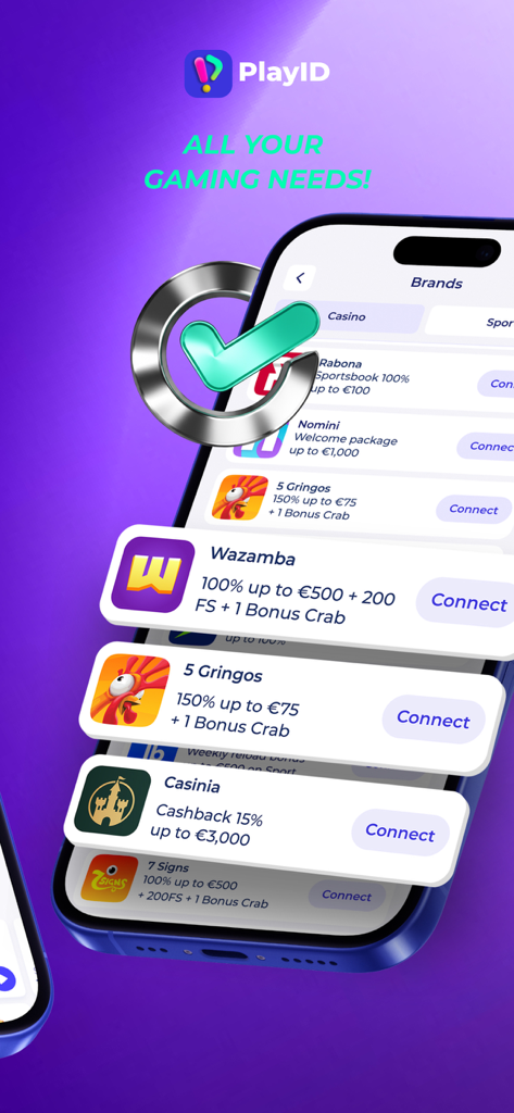 Écran de l'application PlayID montrant une liste de marques de casino et de paris sportifs connectées avec des offres bonus