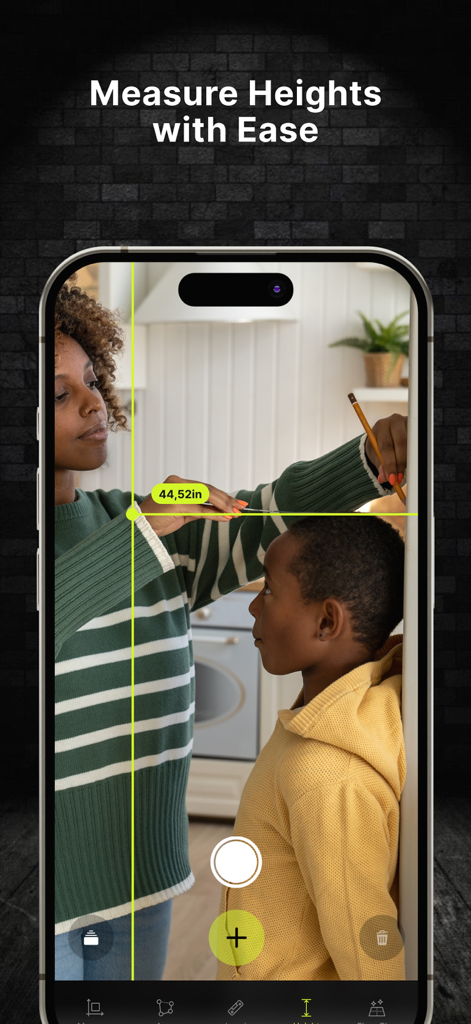 A woman using the Digital Ruler app on an iPhone to measure a child's height in inches using AR technology.