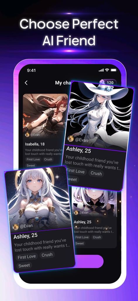 Weifu AI: Character Companion - A mobile interface for Weifu AI showing various anime-style character cards like Isabella and Ashley for users to choose as their AI friend