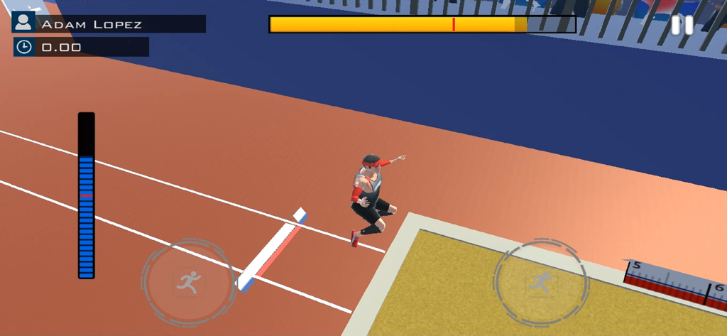 Athletic Games - Gameplay of the long jump event in Athletic Games showing an athlete mid-air above the sandpit
