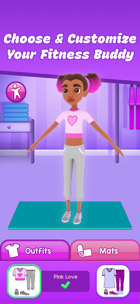 Ein Anpassungsbildschirm in der Kids Workout and Fitness App, in dem Benutzer Outfits und Matten für ihren digitalen Fitness-Buddy-Avatar auswählen können.