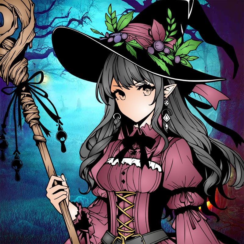 a realistic fantasy manga witch with a staff