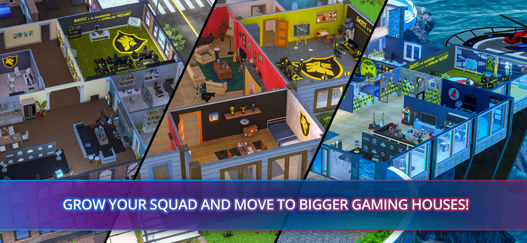 Esports Life Tycoon - Comparison of three levels of gaming houses from a basic office to a luxury mansion with a helipad.