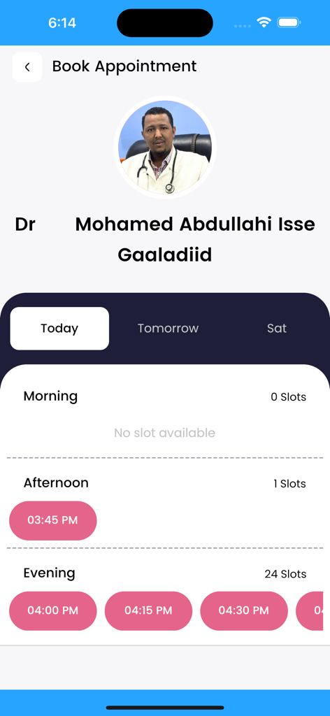 Baano - Baano app appointment booking screen showing doctor profile and available time slots