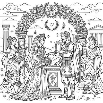 Step into a realm of myth and romance with this enchanting coloring page depicting an Olympian gods wedding. This intricate design invites you to bring divine love and ancient celebration to life with your favorite colors.