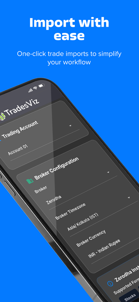 TradesViz Trading Journal - TradesViz App-Oberfläche zeigt Broker-Konfiguration für den einfachen Import von Trades