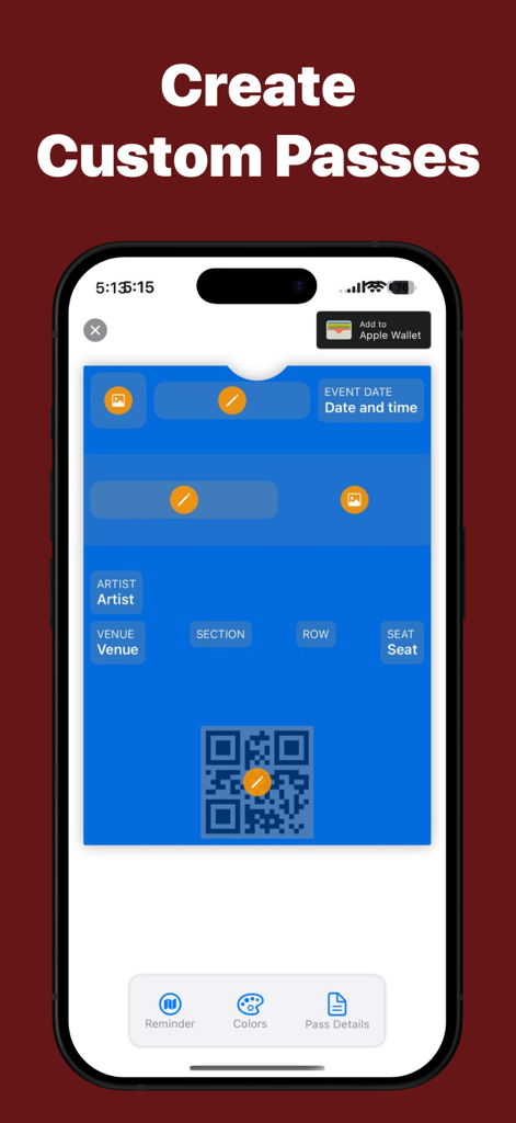 Wallet Creator: Digital Passes - Una interfaz móvil para crear un pase digital personalizado con secciones para artista, lugar y un código QR para añadir a Apple Wallet.
