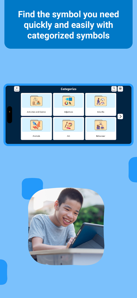 Twinkl Symbols AAC System - Interface de l'application AAC Twinkl Symbols montrant les catégories de symboles et un enfant souriant tout en utilisant l'application sur une tablette.