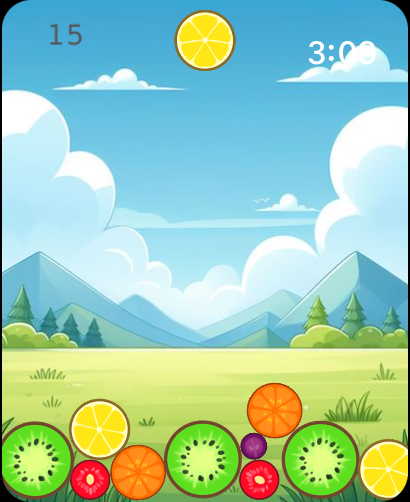 Merge Watermelon for watch - Gameplay of Merge Watermelon for watch showing various fruit slices on a cartoon landscape background