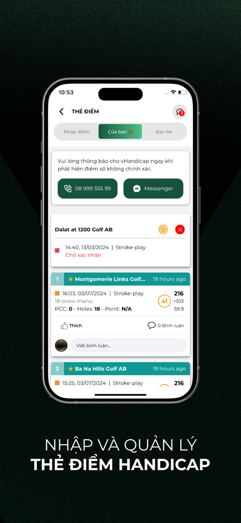 vHandicap Golf app interface for scorecard entry and handicap management