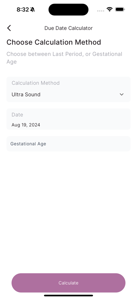 計算方法と日付選択を示すAdot Doctorアプリの出産予定日計算機インターフェイス