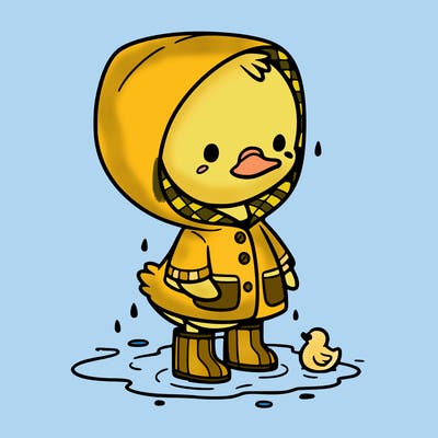 baby duck in a rain coat and boots, in a puddle while it’s raining