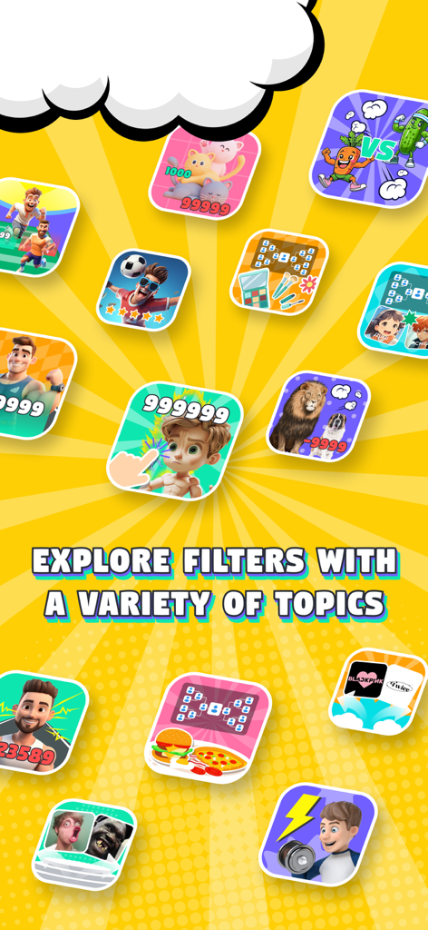 A colorful collection of various AR filter challenges and mini-game topics in the app