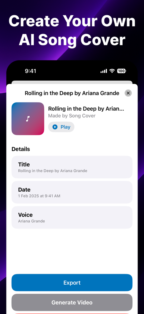 AI Music Generator Song Cover - Interfaz de la aplicación que muestra los detalles de una portada de canción generada por IA con opciones para exportar y generar video