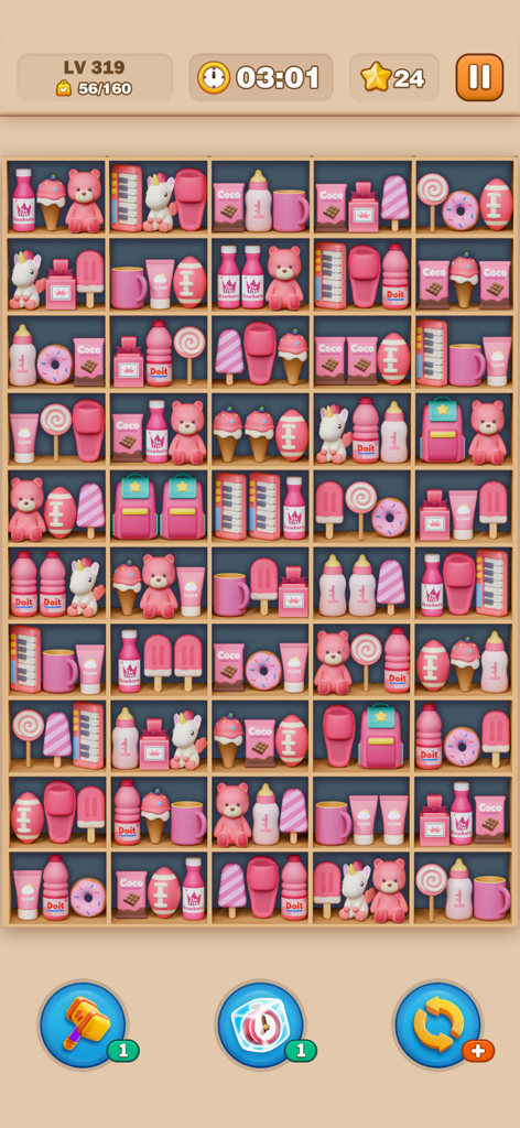 棚に整理されたピンクのアイテムが表示された3Dソーティングパズルゲーム画面