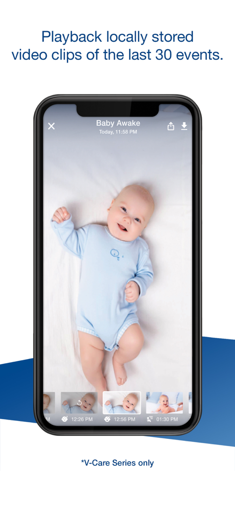 Pantalla de smartphone mostrando la aplicación MyVTech Baby Plus con reproducción de video de un bebé y una lista de eventos guardados.