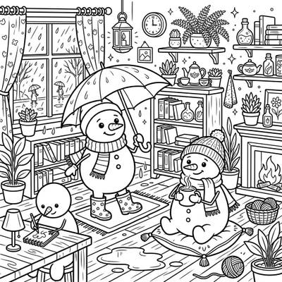Brighten up a gloomy day with this delightful coloring page featuring whimsical cartoon snowmen enjoying a cozy indoor rainy day scene. From umbrellas to warm drinks, there's plenty of charm to color and cherish.