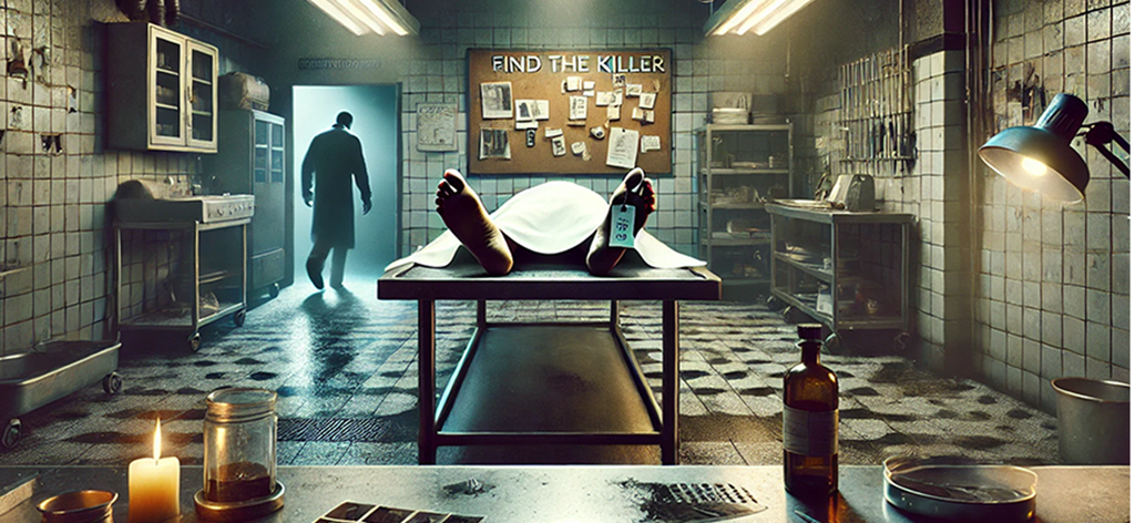 Eine dunkle Leichenhalle mit einer Leiche auf einem Tisch und einer Pinnwand mit der Aufschrift 'Finde den Mörder' in einem Mystery-Escape-Spiel